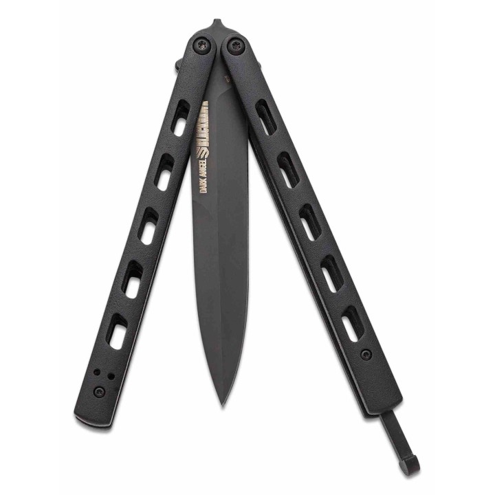 Couteau BLACKHAWK! Dark Angel Butterfly Lame Acier D2 Black Spear Point Manche Acier USA BH15B100 - Livraison Gratuite