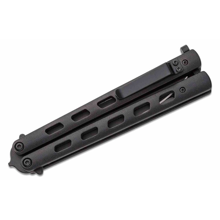 Couteau BLACKHAWK! Dark Angel Butterfly Lame Acier D2 Black Spear Point Manche Acier USA BH15B100 - Livraison Gratuite
