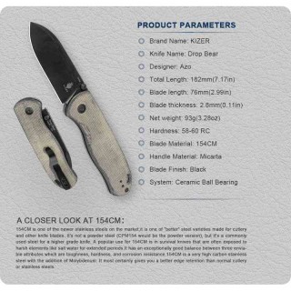 ﻿Couteau Kizer Drop Bear Black Manche Micarta Lame Acier 154CM IKBS Clutch Lock Clip KIV3619C4 - Livraison Gratuite