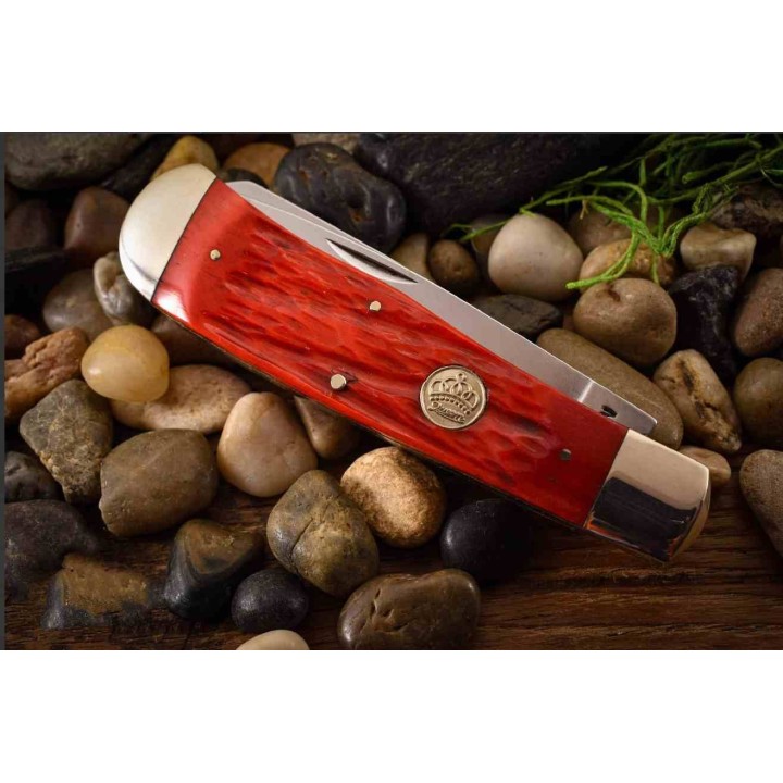 Couteau Queen Big Boy Trapper Red Manche Os 2 Lames Acier Carbone 1065 Slip Joint Made USA QN7555 - Livraison Gratuite