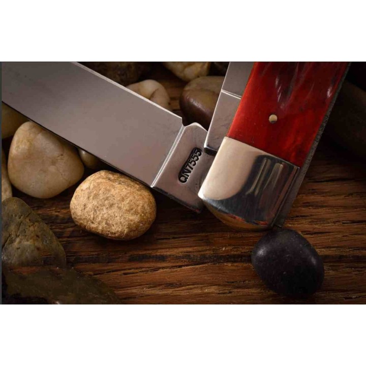 Couteau Queen Big Boy Trapper Red Manche Os 2 Lames Acier Carbone 1065 Slip Joint Made USA QN7555 - Livraison Gratuite