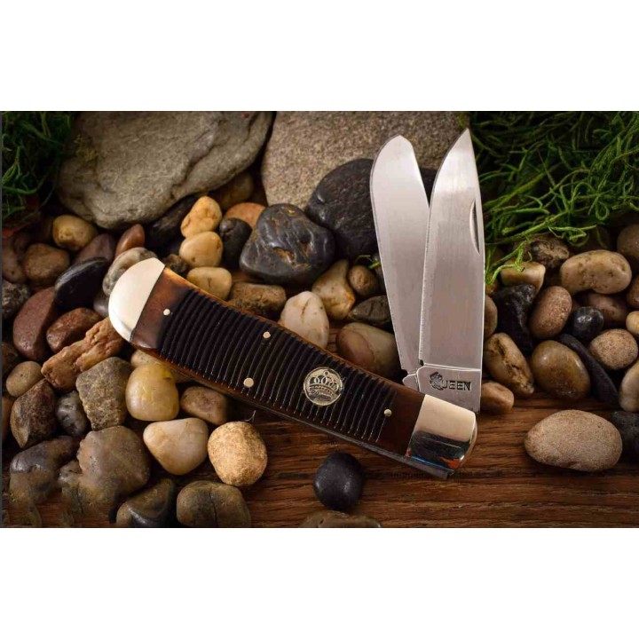 Couteau Queen Big Boy Trapper Burnt Manche Os 2 Lames Acier Carbone 1065 Slip Joint Made USA QN7565 - Livraison Gratuite