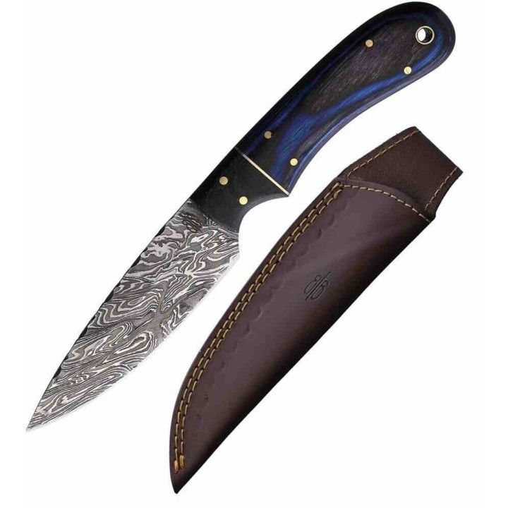 Couteau BuckNBear Utility Hunter Lame Acier Damas 256 Couches Manche Bois Blue Etui Cuir BNB142107B - Livraison Gratuite