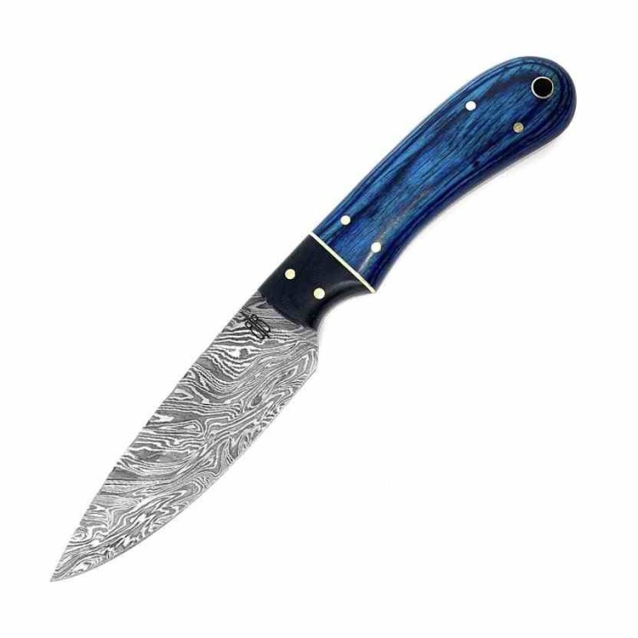 Couteau BuckNBear Utility Hunter Lame Acier Damas 256 Couches Manche Bois Blue Etui Cuir BNB142107B - Livraison Gratuite