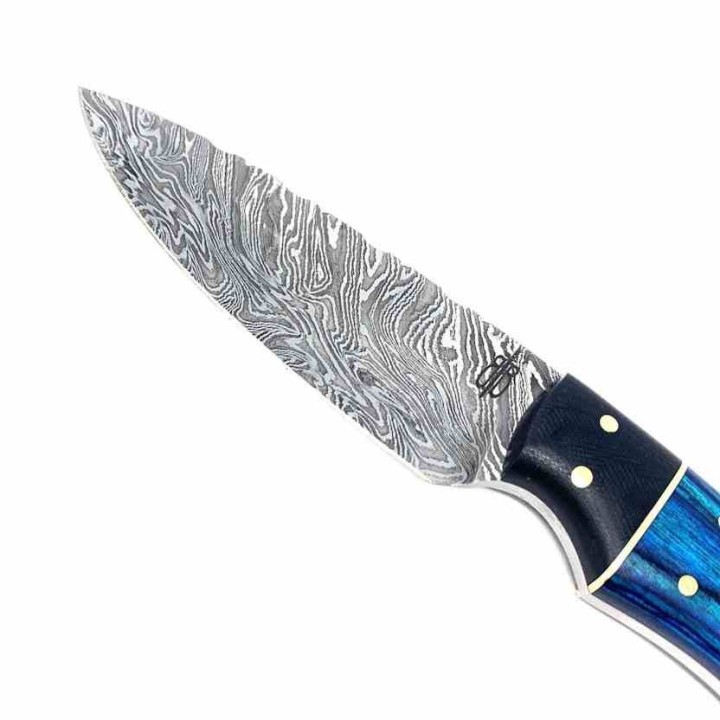 Couteau BuckNBear Utility Hunter Lame Acier Damas 256 Couches Manche Bois Blue Etui Cuir BNB142107B - Livraison Gratuite