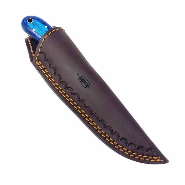 Couteau BuckNBear Utility Hunter Lame Acier Damas 256 Couches Manche Bois Blue Etui Cuir BNB142107B - Livraison Gratuite