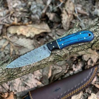 Couteau BuckNBear Utility Hunter Lame Acier Damas 256 Couches Manche Bois Blue Etui Cuir BNB142107B - Livraison Gratuite