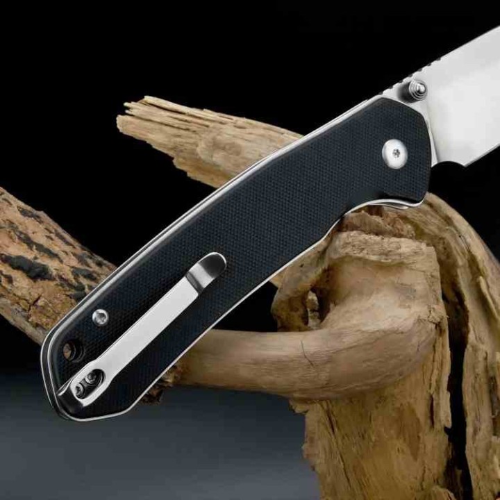 Couteau CJRB Large Pyrite Black Lame Acier AR-RPM9 Manche G10 IKBS Button Lock J1925LBK - Livraison Gratuite