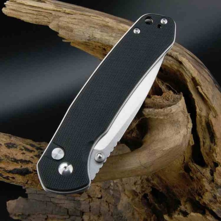 Couteau CJRB Large Pyrite Black Lame Acier AR-RPM9 Manche G10 IKBS Button Lock J1925LBK - Livraison Gratuite