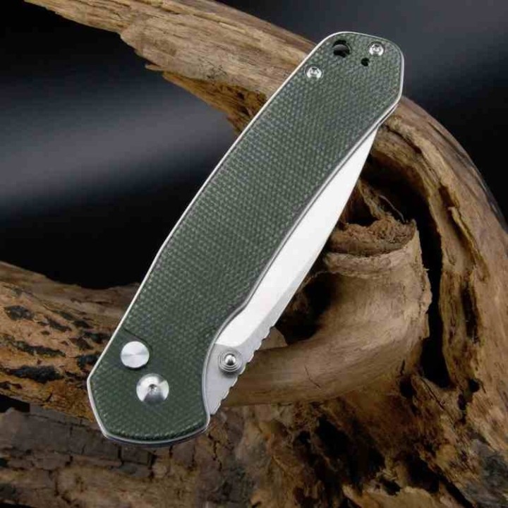 Couteau CJRB Large Pyrite Od Green Lame Acier AR-RPM9 Manche Micarta IKBS Button Lock J1925LODG - Livraison Gratuite