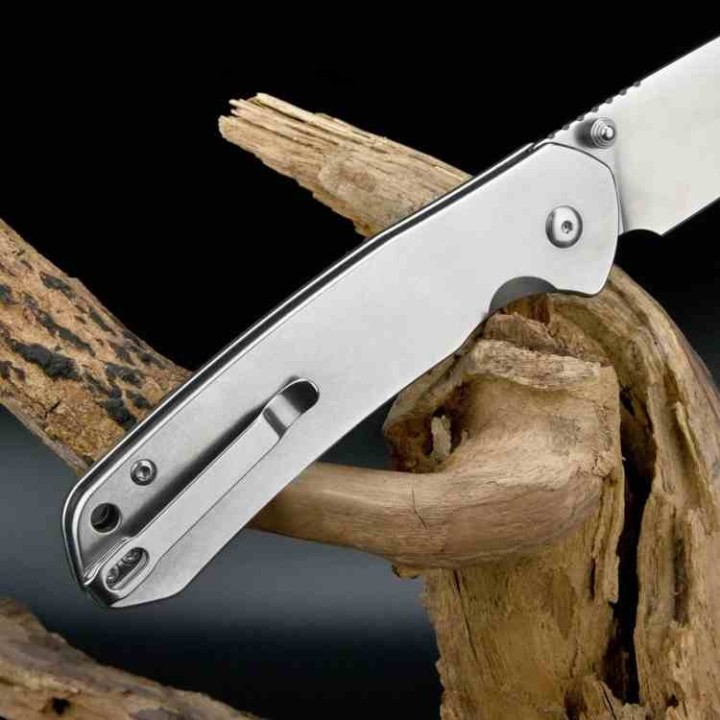 Couteau CJRB Large Pyrite Steel Lame Acier AR-RPM9 Manche Steel IKBS Button Lock J1925LST - Livraison Gratuite