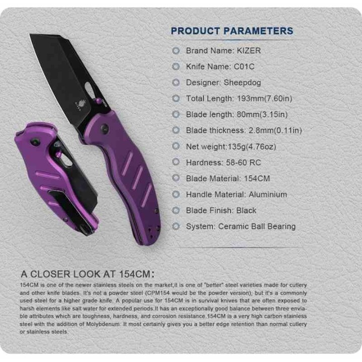 Couteau Kizer Sheepdog C01C Purple Lame Acier 154CM Manche Aluminium Clutch Lock Clip KIV4488AC1 - Livraison Gratuite
