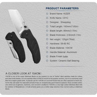 Couteau Kizer Sheepdog C01C Black Lame Acier 154CM Manche Alu IKBS Clutch Lock Clip KIV4488AC2 - Livraison Gratuite