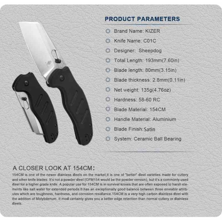 Couteau Kizer Sheepdog C01C Black Lame Acier 154CM Manche Alu IKBS Clutch Lock Clip KIV4488AC2 - Livraison Gratuite