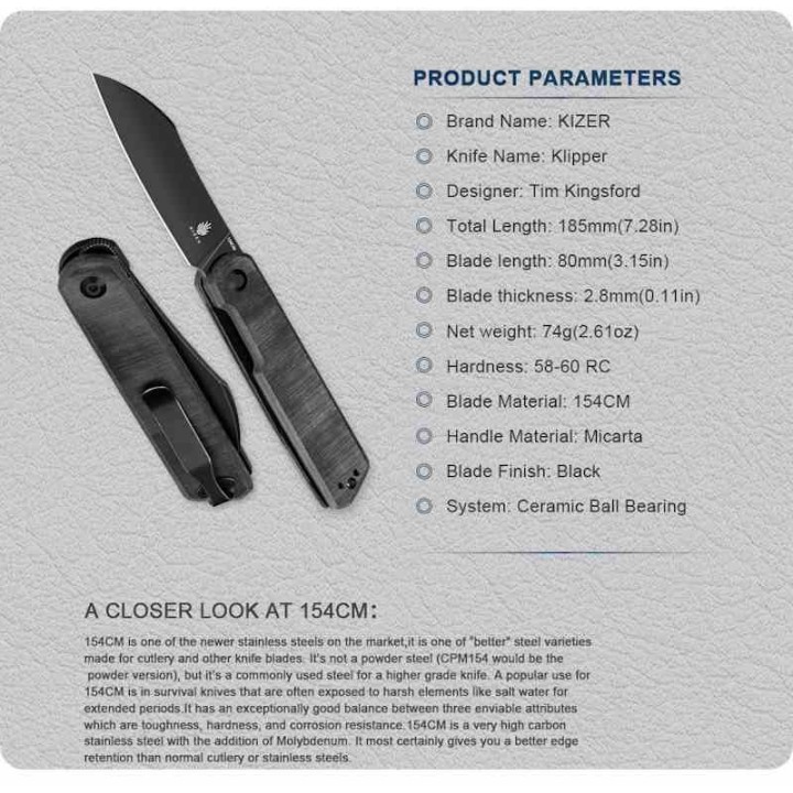 Couteau Kizer Cutlery Klipper Black Lame Acier 154CM Manche Micarta IKBS Linerlock Clip KIV3580C2 - Livraison Gratuite