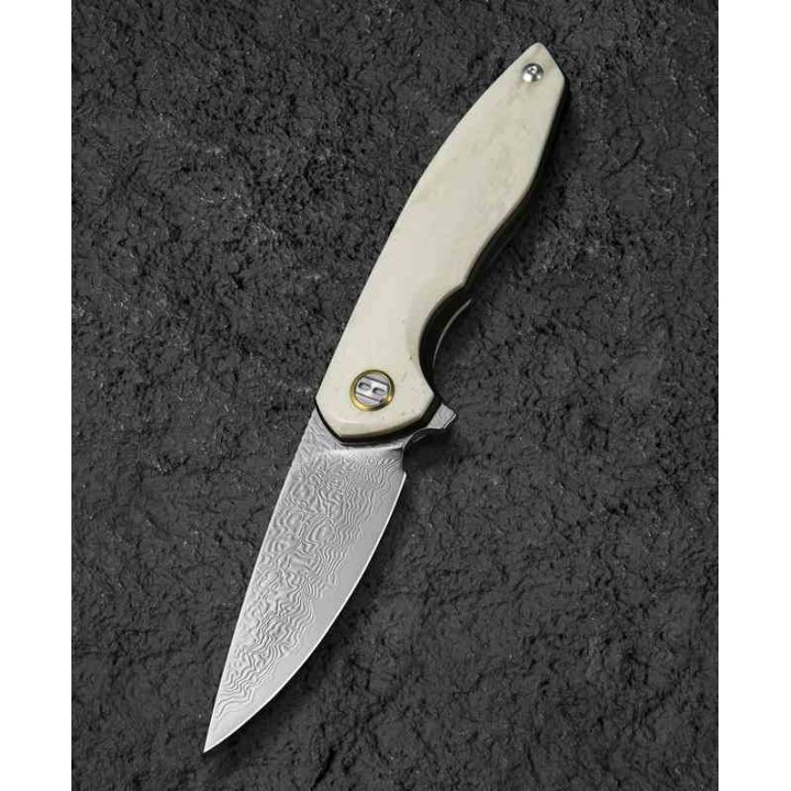 Couteau Bestech Bambi Lame Damas Lame Drop Point Polished Manche Ox Bone Linerlock Etui Cuir BTKL08C - Livraison Gratuite