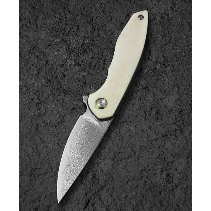 Couteau Bestech Bambi Lame Damas Lame Drop Point Polished Manche Ox Bone Linerlock Etui Cuir BTKL08C - Livraison Gratuite