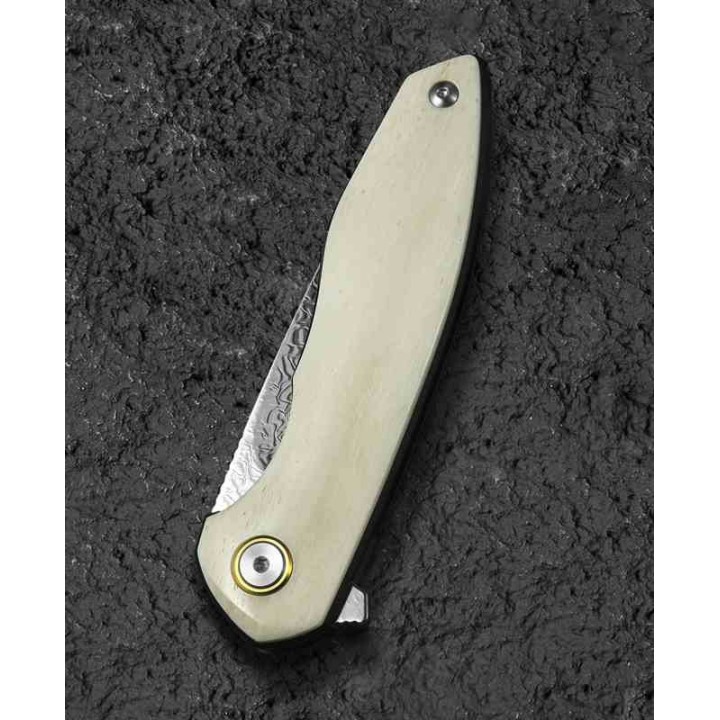 Couteau Bestech Bambi Lame Damas Lame Drop Point Polished Manche Ox Bone Linerlock Etui Cuir BTKL08C - Livraison Gratuite