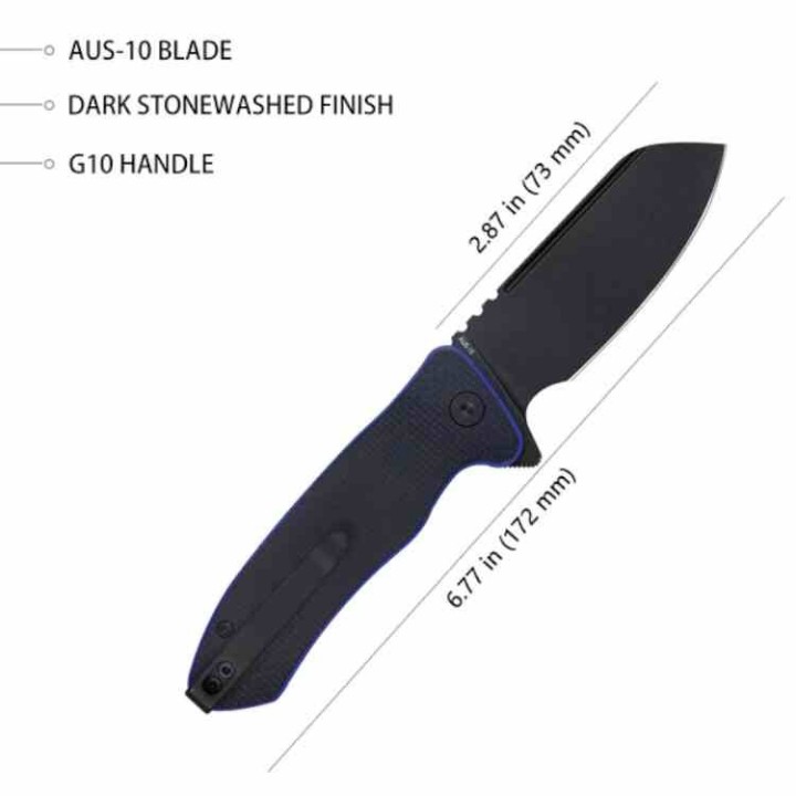 Couteau Kubey Creon Blk/Blue Button Lock Lame Acier AUS-10 Manche G10 IKBS Clip KUB336D - Livraison Gratuite