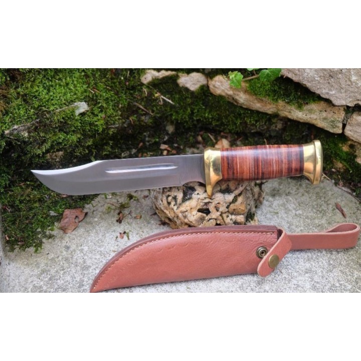Couteau Bowie Crocodile Dundee Lame Acier Carbone 1055 Manche Cuir Etui Cuir Fabric Artisanale CroZon - Livraison Gratuite