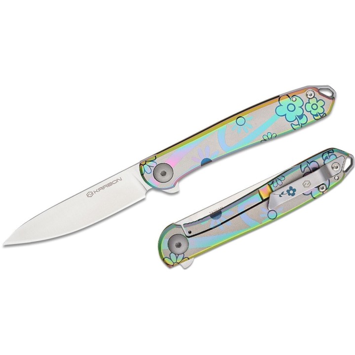 Couteau Karbon Tidbit Satin Lame Acier N690 Manche Acier Fleurs Framelock IKBS Clip KARB108 - Livraison Gratuite