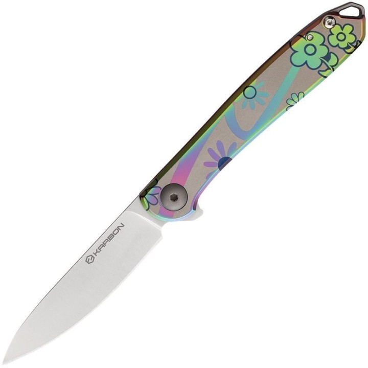 Couteau Karbon Tidbit Satin Lame Acier N690 Manche Acier Fleurs Framelock IKBS Clip KARB108 - Livraison Gratuite