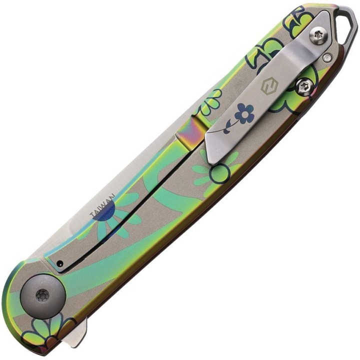 Couteau Karbon Tidbit Satin Lame Acier N690 Manche Acier Fleurs Framelock IKBS Clip KARB108 - Livraison Gratuite
