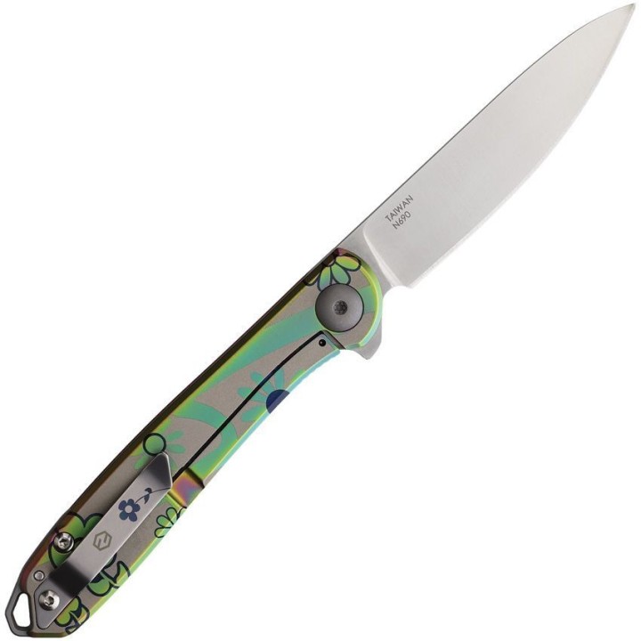 Couteau Karbon Tidbit Satin Lame Acier N690 Manche Acier Fleurs Framelock IKBS Clip KARB108 - Livraison Gratuite