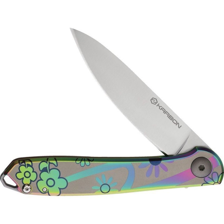 Couteau Karbon Tidbit Satin Lame Acier N690 Manche Acier Fleurs Framelock IKBS Clip KARB108 - Livraison Gratuite