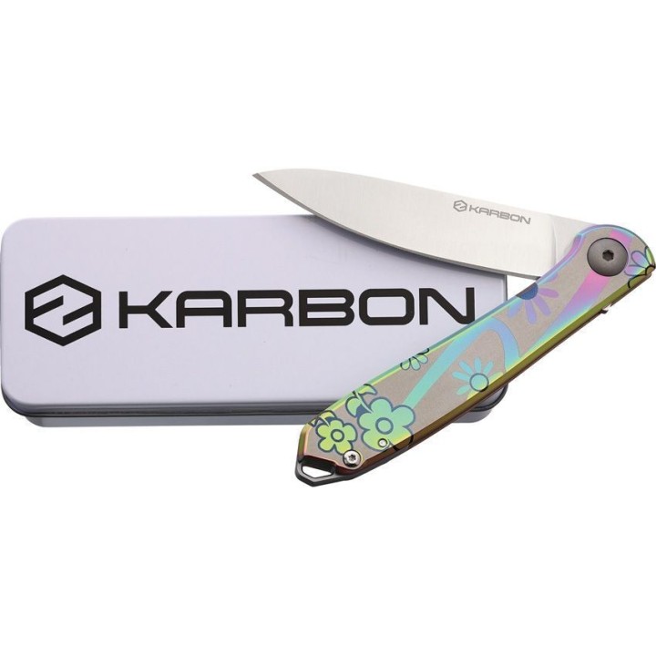 Couteau Karbon Tidbit Satin Lame Acier N690 Manche Acier Fleurs Framelock IKBS Clip KARB108 - Livraison Gratuite
