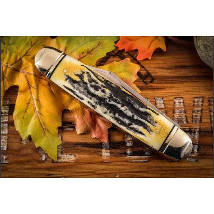 Couteau Rough Ryder Cattleman Cinnamon Jigged Stag Bone Handle Carbon Blade RR2430 - Livraison Gratuite