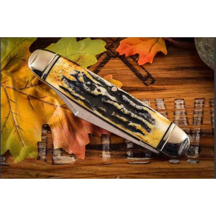 Couteau Rough Ryder Cattleman Cinnamon Jigged Stag Bone Handle Carbon Blade RR2430 - Livraison Gratuite