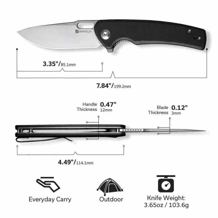 Couteau Sencut Vesperon Black Lame Acier 9Cr18MoV Satin Manche G10 IKBS Linerlock Clip S200651 - Livraison Gratuite