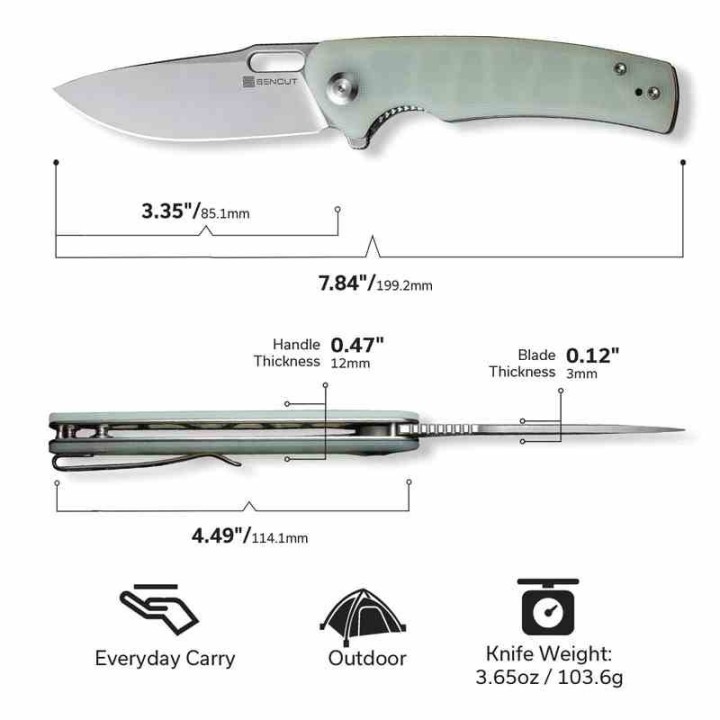 Couteau Sencut Vesperon Jade Lame Acier 9Cr18MoV Satin Manche G10 IKBS Linerlock Clip S200652 - Livraison Gratuite