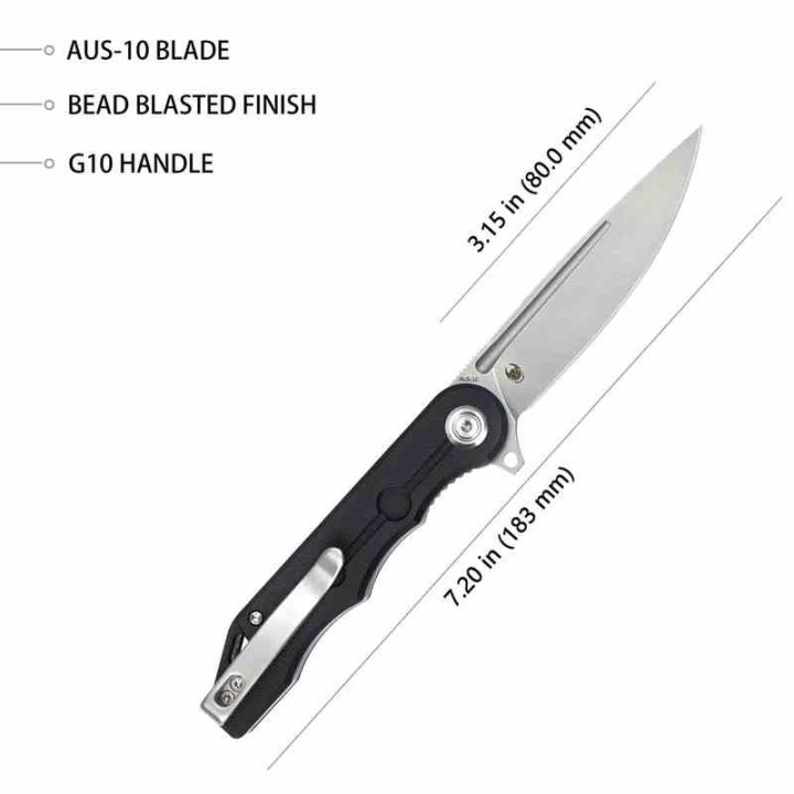 Couteau Kubey MIZO Black Manche G10 Lame Acier AUS-10 IKBS Linelock Clip KUB312A - Livraison Gratuite