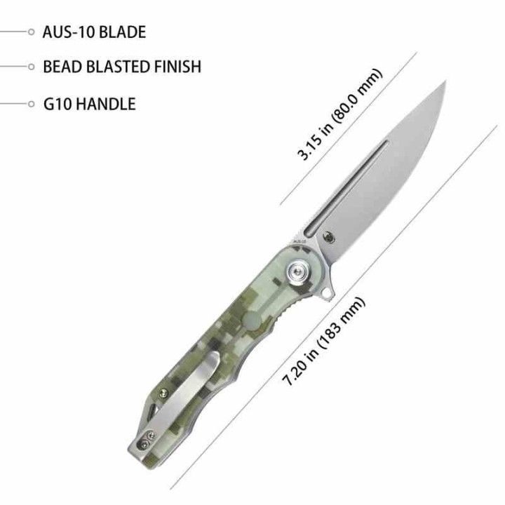 Couteau Kubey MIZO Camo Manche G10 Lame Acier AUS-10 Bead Blast IKBS Linelock Clip KUB312E - Livraison Gratuite