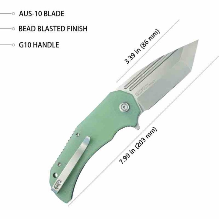 Couteau Kubey Bravo One Jade Manche G10 Lame Acier AUS-10 Bead Blast IKBS Linelock Clip KUB318D - Livraison Gratuite
