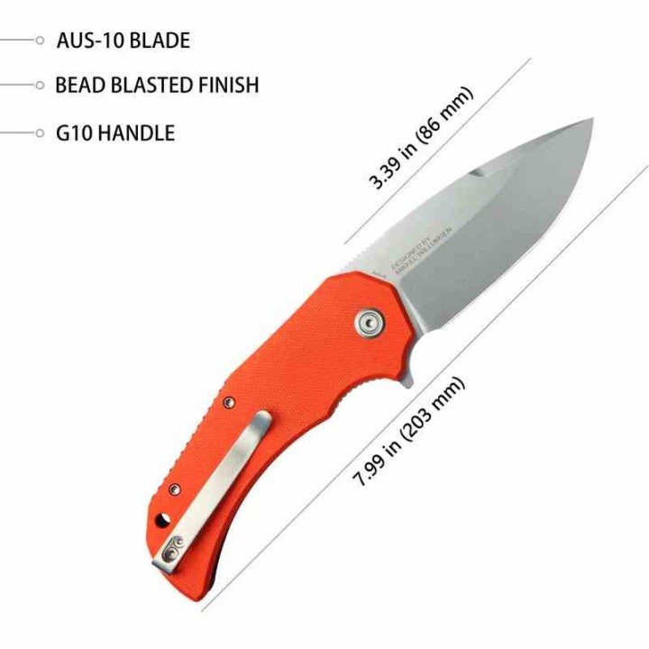 Couteau Kubey Bravo One Orange Manche G10 Lame Acier AUS-10 Bead Blast IKBS Linelock Clip KUB319B - Livraison Gratuite