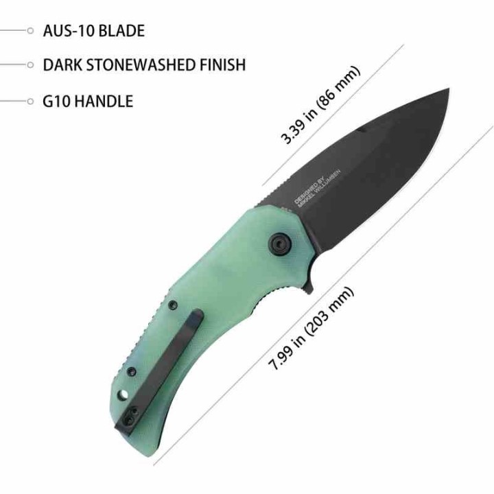 Couteau Kubey Bravo One Jade Manche G10 Lame Acier AUS-10 Blackwash IKBS Linelock Clip KUB319C - Livraison Gratuite