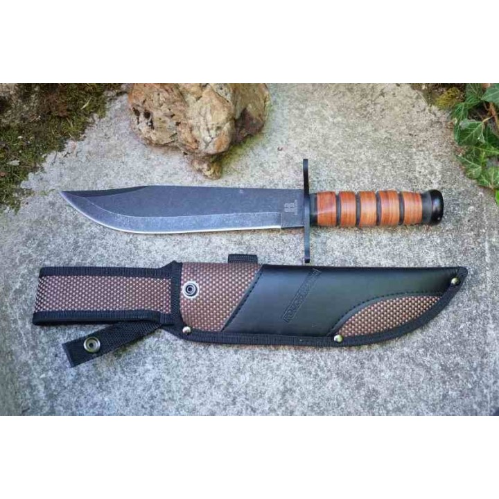 Couteau De Combat Bowie Manche Cuir Grosse Lame Acier Inox Etui Nylon Rough Ryder RR2586 - Livraison Gratuite