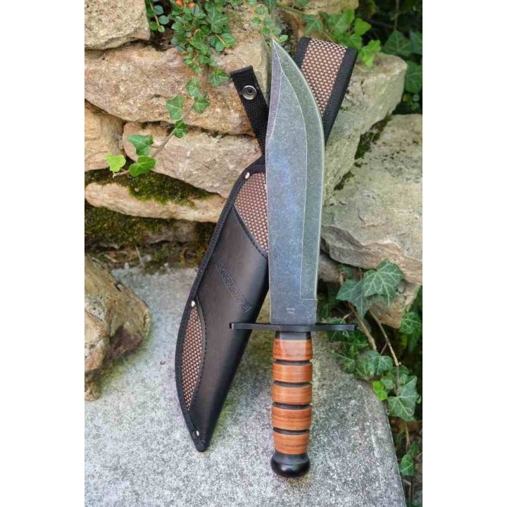 Couteau De Combat Bowie Manche Cuir Grosse Lame Acier Inox Etui Nylon Rough Ryder RR2586 - Livraison Gratuite