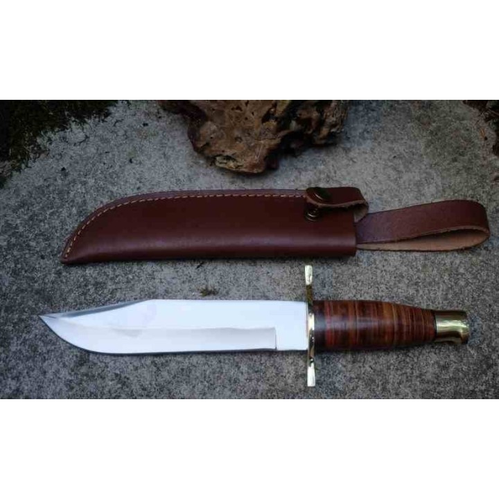 Couteau Bowie Crocodile Dundee Hunter Acier Carbone 1055 Manche Cuir Etui Cuir Fabrication Artisanale - Livraison Gratuite