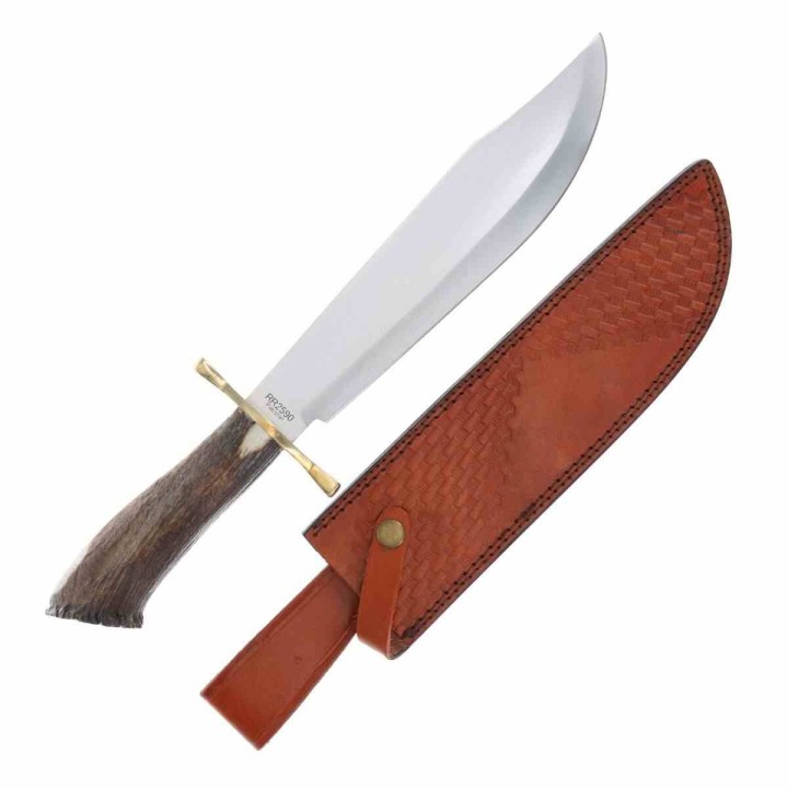 ﻿Couteau Bowie Davy Crockett Rough Ryder Crown Stag Lame Acier Inox Manche Bois de Cerf Etui Cuir RR2590 - Livraison Gratuite