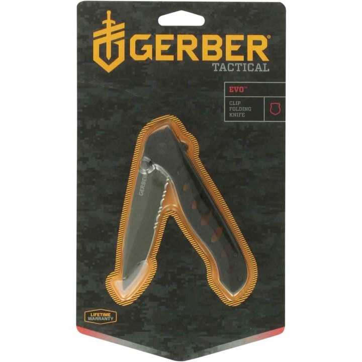Couteau Gerber Evo Black Lame Serrated Acier 7Cr17MoV Manche Aluminium Linerlock Clip G41432 - Livraison Gratuite