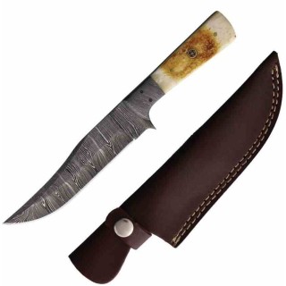 Couteau de Chasse Damas Lame 256 Couches Manche Os Mitres Damas Etui Cuir FH Knives FHK1352 - Livraison Gratuite