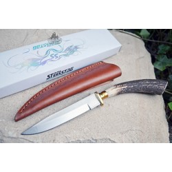 Skinner Couteau de Chasse Hunter Acier Carbone Manche Bois de Cerf Etui Cuir SS7016 - Livraison Gratuite