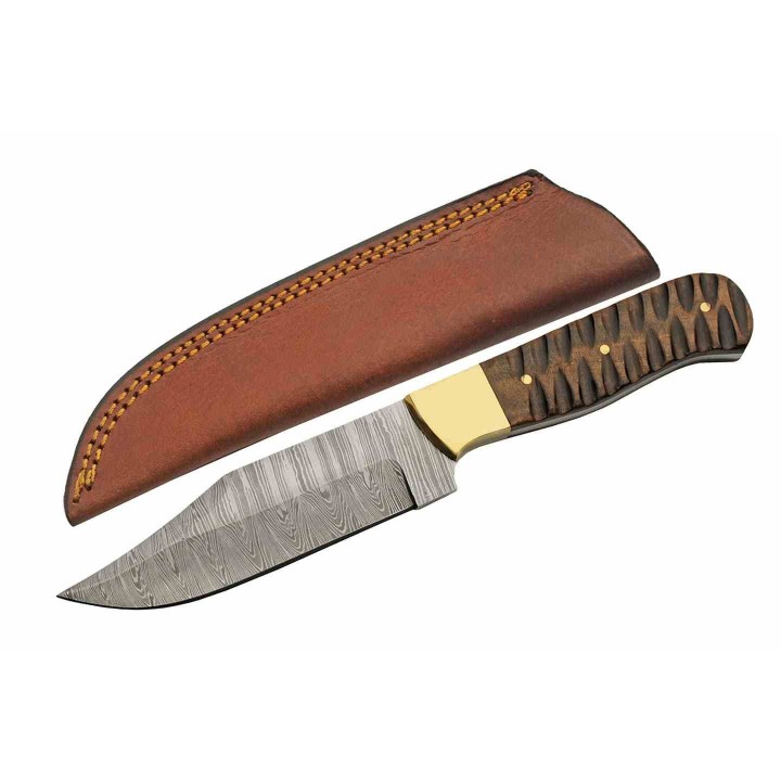 Couteau Damas Yellowjacket Skinner Lame Acier Damas Manche Bois Etui Cuir DM1373 - Livraison Gratuite