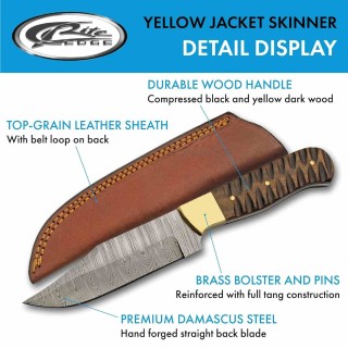 Couteau Damas Yellowjacket Skinner Lame Acier Damas Manche Bois Etui Cuir DM1373 - Livraison Gratuite