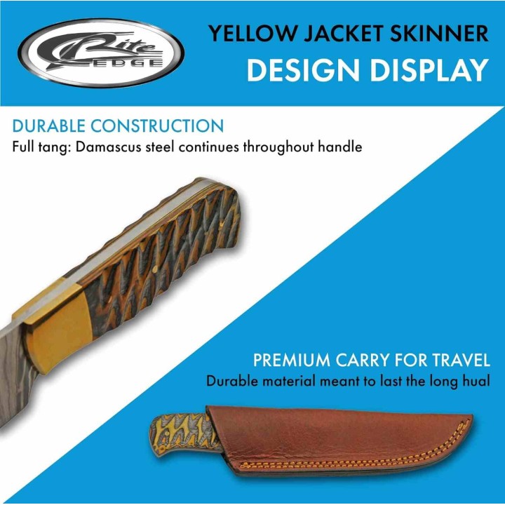 Couteau Damas Yellowjacket Skinner Lame Acier Damas Manche Bois Etui Cuir DM1373 - Livraison Gratuite