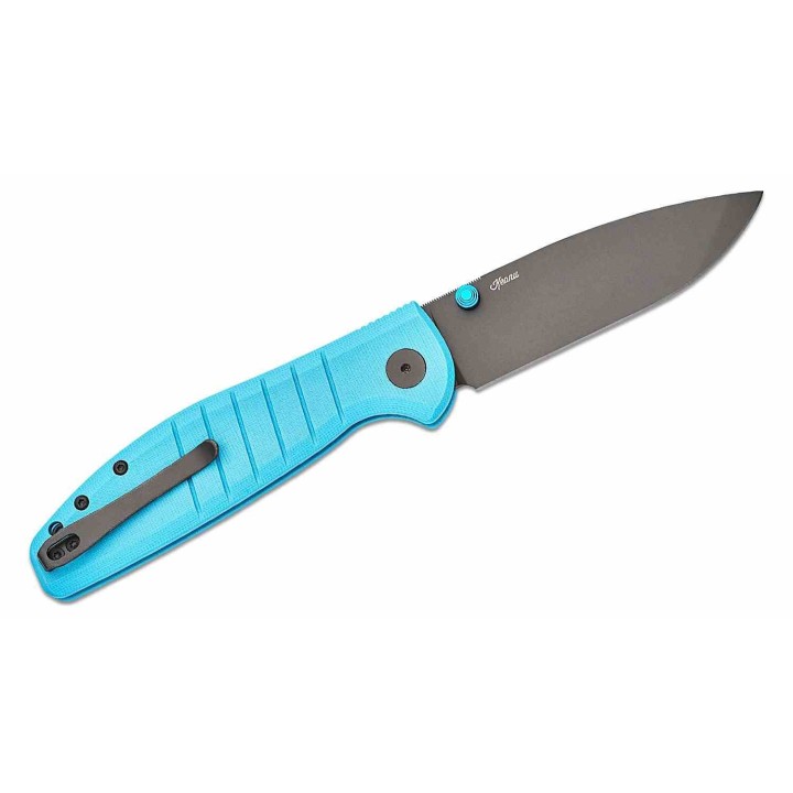 Couteau Bestech Bestechman Goodboy Blue Manche G10 Lame Acier D2 Gray DLC IKBS Button Lock Clip BTKMK04C - Livraison Gratuite